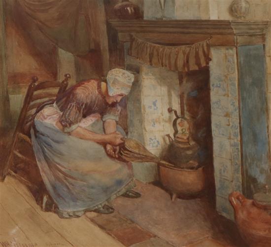 William Henry Charles Groome, watercolour, a young woman seated at the fireside, signed and inscribed EE Adam, 36 x 39cm
